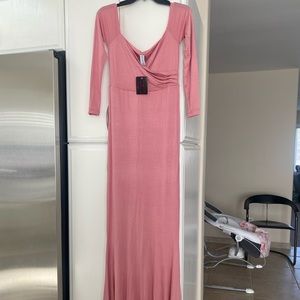 Off the Shoulder Sweetheart Flare Gown with Long Sleeves In Dusty Rose color